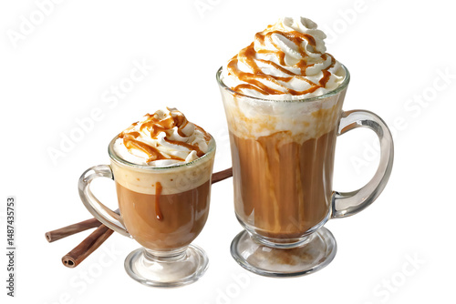 Two caramel macchiato drinks in glass mugs, topped with whipped cream and caramel drizzle against a black backdrop.