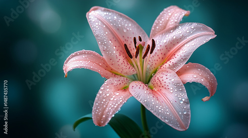 Pink Lily Flower with Water Droplets. Close-up of a delicate pink lily flower covered in water droplets, with a dreamy turquoise bokeh background.
