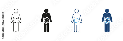 Human Digestive System Line and Silhouette Icon Set. Healthy Digestion And Diet. Man with Arrows on Belly Sign. Editable Stroke. Isolated Vector Illustration