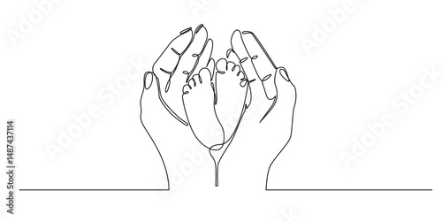 one continuous line drawing of adult hand and baby foot.single line vector illustration of open palm and baby foot.sign of baby birth,care.abstract line art.eps 10