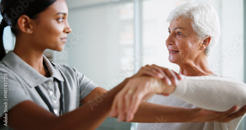 Wallpaper Mural Physiotherapy, consulting and woman with senior patient for medical service, support and wellness. Healthcare, chiropractor and physical therapist with person for mobility, rehabilitation and help Torontodigital.ca