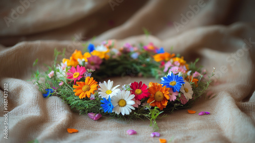 Floral Wreath. Colorful Wildflower Wreath on Fabric Background. Handmade floral wreath with multicolored wildflowers on beige fabric backdrop.