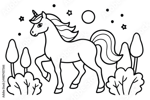 Cartoon unicorn with flowing mane walks among trees under a moon and stars