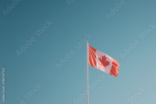minimalist composition featuring single canadian flag waving gently on pole amid clear blue sky