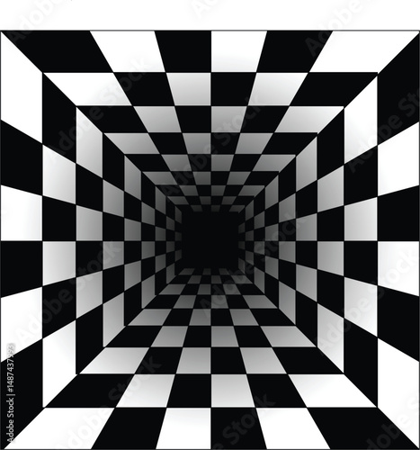 Perspective squares the illusion of a tunnel. Abstract perspective geometric pattern empty box. Endless Tunnel Checkerboard Pattern. Perspective illusion.