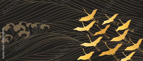 Abstract landscape with gold line Japanese wave pattern vector. Nature art black background with crane birds banner design style.