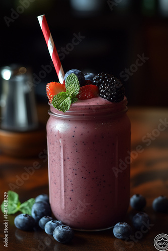 Berry Smoothie. Fresh Mixed Berry Smoothie in Mason Jar with Straw. Refreshing berry smoothie with blueberries, raspberries, blackberries and mint garnish.