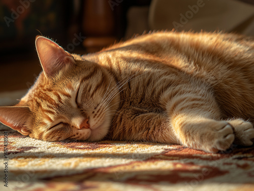 Sleeping Orange Tabby Cat on Carpet. Cute orange tabby cat peacefully sleeping on a cozy carpet in warm sunlight, capturing a quiet and comforting domestic moment.