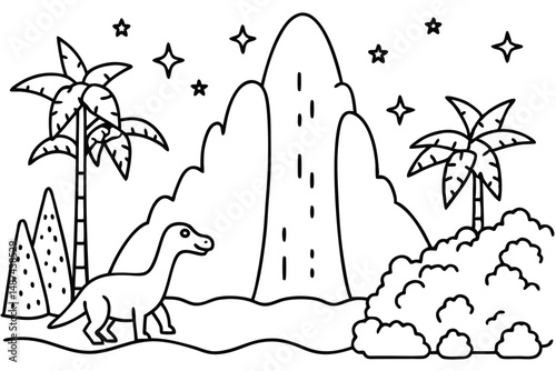 Cute dinosaur adventures through a prehistoric landscape with palm trees under a starry sky