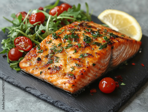 Grilled Salmon Fillet with Arugula and Cherry Tomatoes. Juicy grilled salmon fillet served on a slate plate with fresh arugula, cherry tomatoes, herbs, and a lemon wedge.