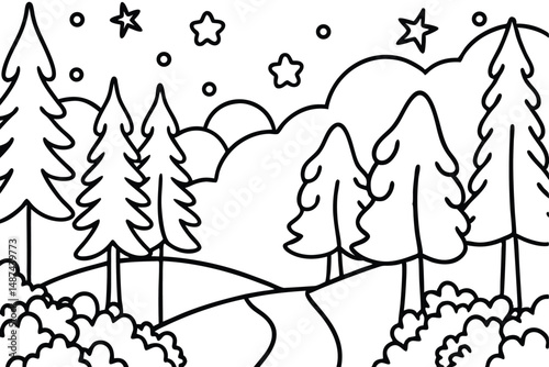 Doodled monochrome shows a trail through evergreen trees under the stars in the sky