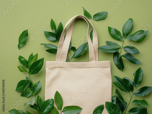 Reusable Tote Bag with Green Leaves on Pastel Background. Eco-friendly beige tote bag surrounded by fresh green leaves on a soft green background, symbolizing sustainability and natural living.
