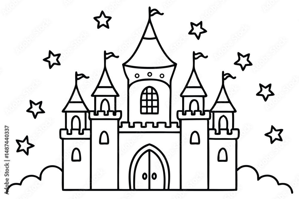 Fairytale castle with flags atop towers stands amid sparkling stars and dreamy clouds Fairytale castle with flags atop towers stands amid sparkling stars and dreamy clouds