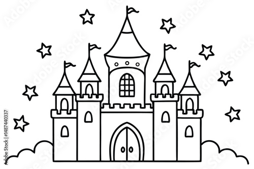 Fairytale castle with flags atop towers stands amid sparkling stars and dreamy clouds