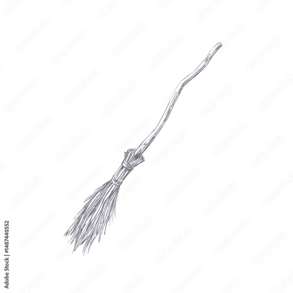 Obraz premium Witch's broom. Isolated pencil illustration for decoration of Halloween themed parties, interior, printing on fabric, posters, postcards.