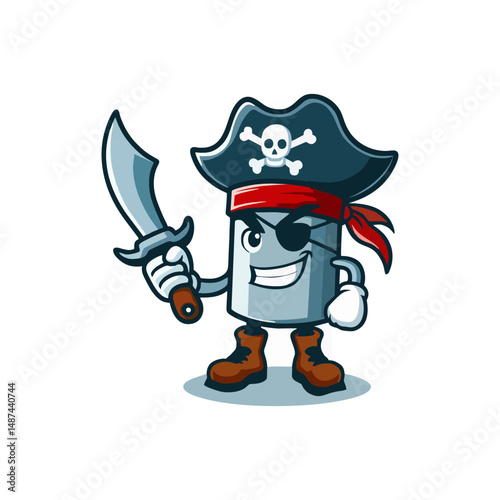 Pirate mascot cartoon sailor adventure character illustration for treasure logo, ocean buccaneer with jollyroger hat eyepatch beard, vintage marine swashbuckler fantasy hero outlaw captain battle port