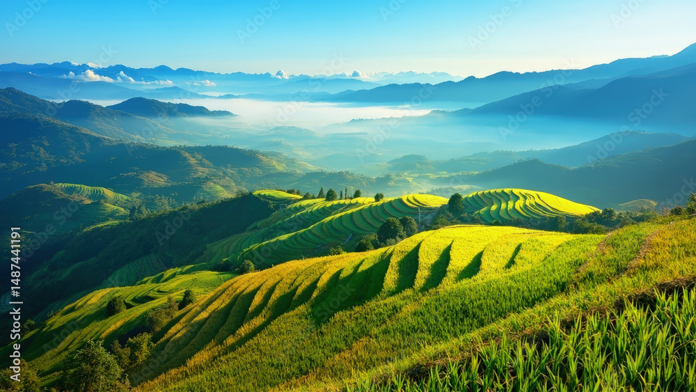 Fototapeta premium Beautiful landscape of lush green rice terraces with misty mountains under a bright blue sky