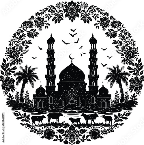 Majestic Mosque Silhouette: A Black and White Illustration Featuring a Grand Islamic Architectural Structure Framed by Ornate Floral Elements