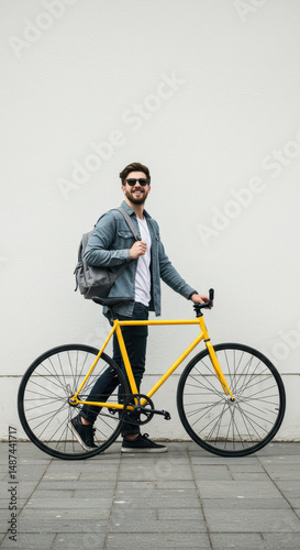 Stylish Cyclist: Man with Yellow Bike, Backpack & Sunglasses Posing on Pavement. Urban Lifestyle & Transportation!
