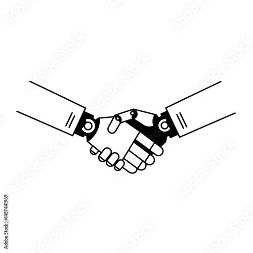 Human-Robot Collaboration: A human hand shakes a robotic hand, symbolizing partnership between humans and technology in the future.