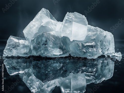  Abstract Ice Crystals with Reflection. A close-up, abstract shot of irregular ice crystals with a clear reflection on a dark, wet surface, emphasizing their cool blue and white tones and intricate te
