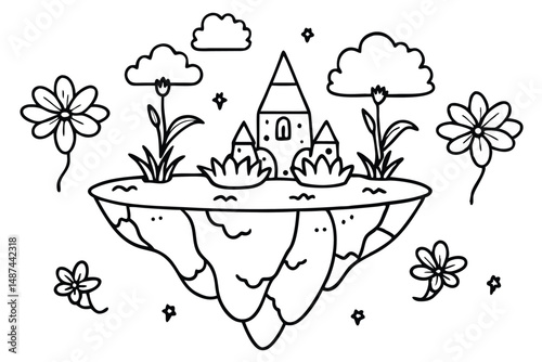 Floating island features flowers, clouds, stars, and small buildings in outline style