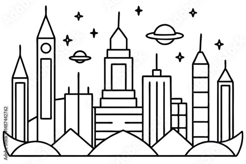 Futuristic city line art showcases tall buildings under stars with UFOs flying around