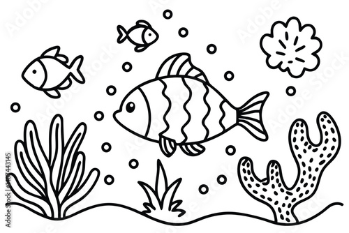 Hand drawn underwater with cute outlined fish and sea plants swims around