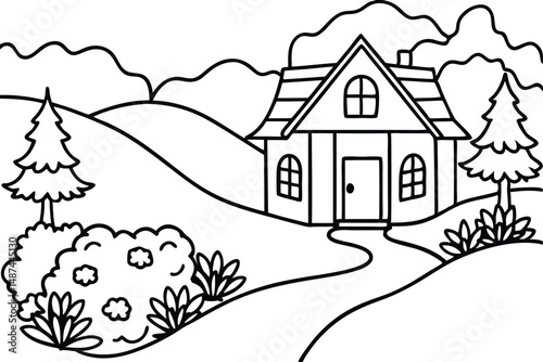 Isolated country house is nestled among trees along a winding path illustration