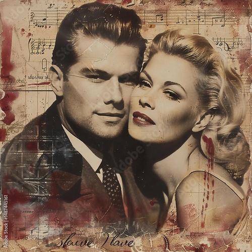 A sophisticated man and his blonde companion share a tender moment, set against a vintage backdrop of aged paper with musical notes, evoking nostalgia and romance.