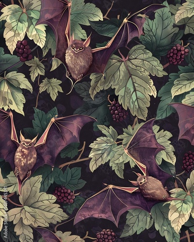 A flock of bats in flight, set against a lush green backdrop with purple berries, conveying a sense of freedom and movement.