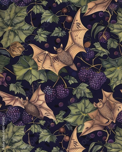A bat-themed tapestry features realistic bats in various poses amidst stylized foliage and berries, with a balanced composition and vibrant color palette.