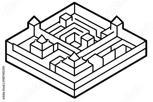 Isometric maze presents a challenging linear design with complex paths and sharp angular turns