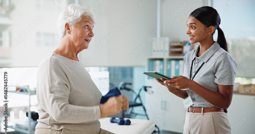 Fototapeta premium Tablet, doctor and smile with old woman in office for patient records, insurance and physiotherapy plan. Healthcare, rehabilitation and medical help with people in clinic for consulting and results