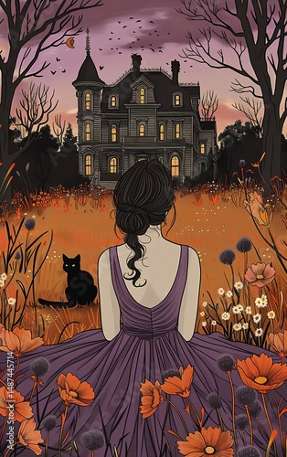 A young woman sits in a field of tall grass, surrounded by orange flowers, with a black cat by her side, while a grand mansion looms in the distance, its windows reflecting the fading light.