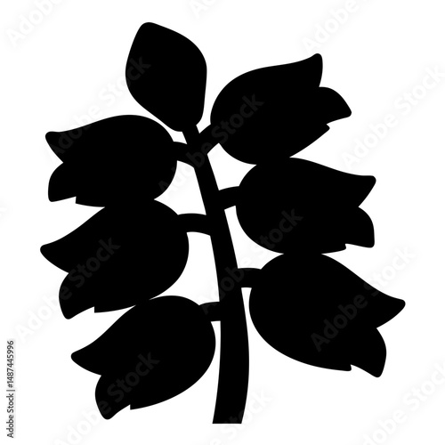 Silhouette of blossoming plant showing stem and many flower shapes in black