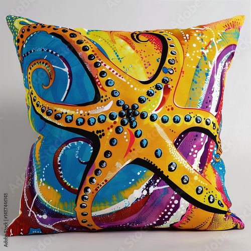 A vibrant pop art starfish pillow with bold colors, gradient background, and textured details, featuring a central starfish design with spread tentacles.