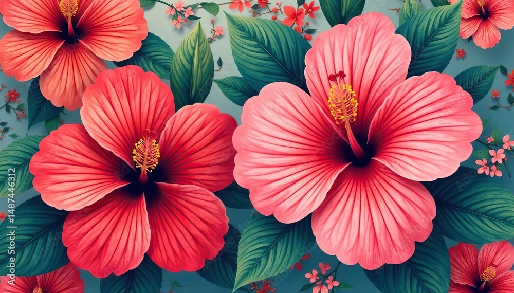 custom made wallpaper toronto digitalBold hibiscus print, stylized blooms, bold colors , textile, floral