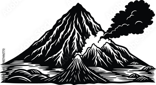 Volcanic Mountain Silhouette, Eruption Volcano Scene, Nature Landscape Vector, Lava Mountain SVG