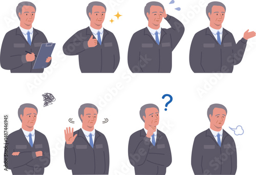 年配の作業員の色々な表情パターンのベクターイラスト