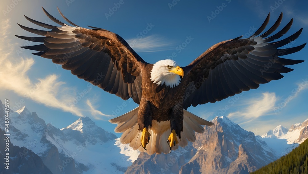 Obraz premium Majestic Eagle Soaring: An imposing bald eagle with outstretched wings soars gracefully against a backdrop of snow-capped mountain peaks and a vast, vibrant blue sky, exuding power and freedom.