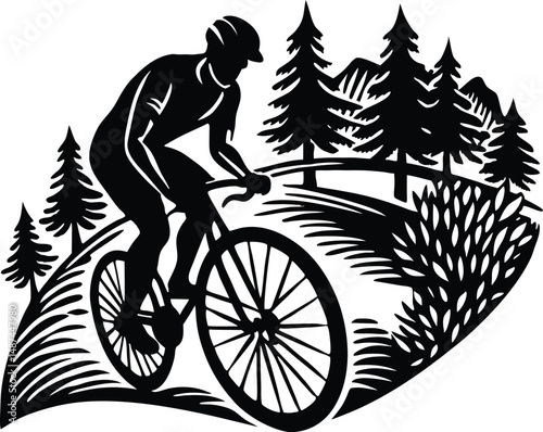 Cyclist on Trail Silhouette, Mountain Biking Vector, Outdoor Adventure SVG, Bike Trail Graphic Design