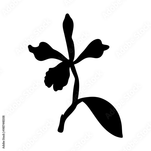 Simple Black Orchid Flower Silhouette on White Background Floral Illustration