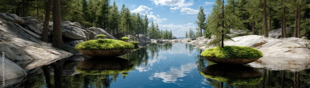 Obraz premium Scenic view of lake in pine forest with rock and trees concept. Serene lakeside view surrounded by lush trees and rocks.