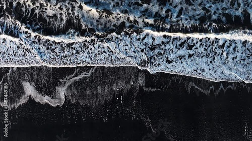 Aerial View of Black Sand Volcanic Beach with Crashing Waves, cinematic long drone shot. Serene and Tranquil Landscape. Iceland.