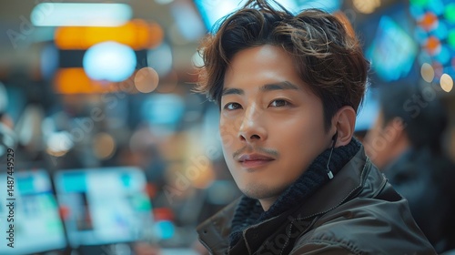 A young man with a slight smile wears earbuds and a dark jacket, standing in a busy indoor setting with screens and lights.