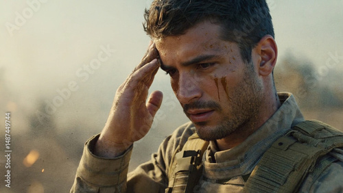 Soldier's Reflection: A young soldier, adorned in camouflage fatigues, gazes into the distance with a stoic expression, his face etched with the weight of duty and the scars of battle.
