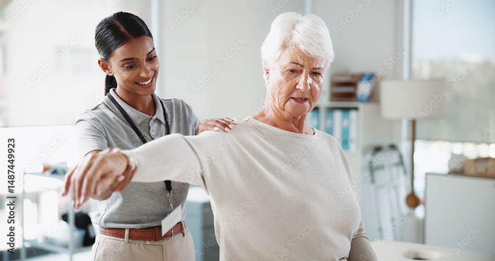 Fototapeta premium Physiotherapy, shoulder pain and woman with mature patient for medical service, support or wellness. Healthcare, chiropractor and physical therapist with person for consulting, rehabilitation or help