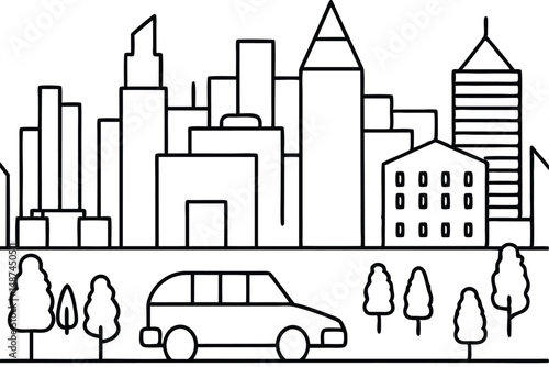 Linear metropolis outline displays buildings, cars, and trees for a modern aesthetic