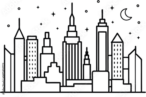Line drawing shows various city skyscrapers under the moonlight surrounded by stars and outer space